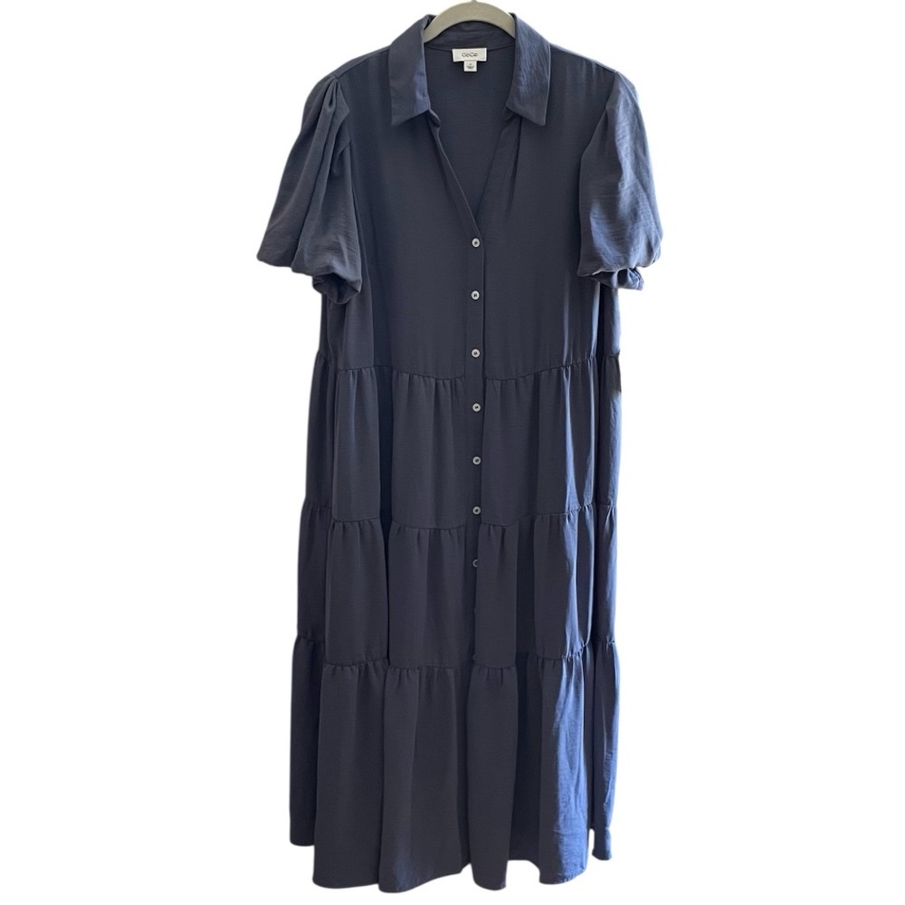 CeCe Plus Size Drapey Puff Sleeve Tiered Midi Shirt Dress